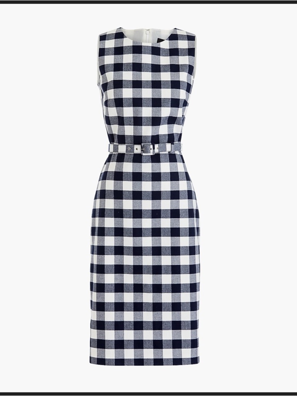 J Crew Sleeveless Navy and White Gingham Belted Sheath Dress